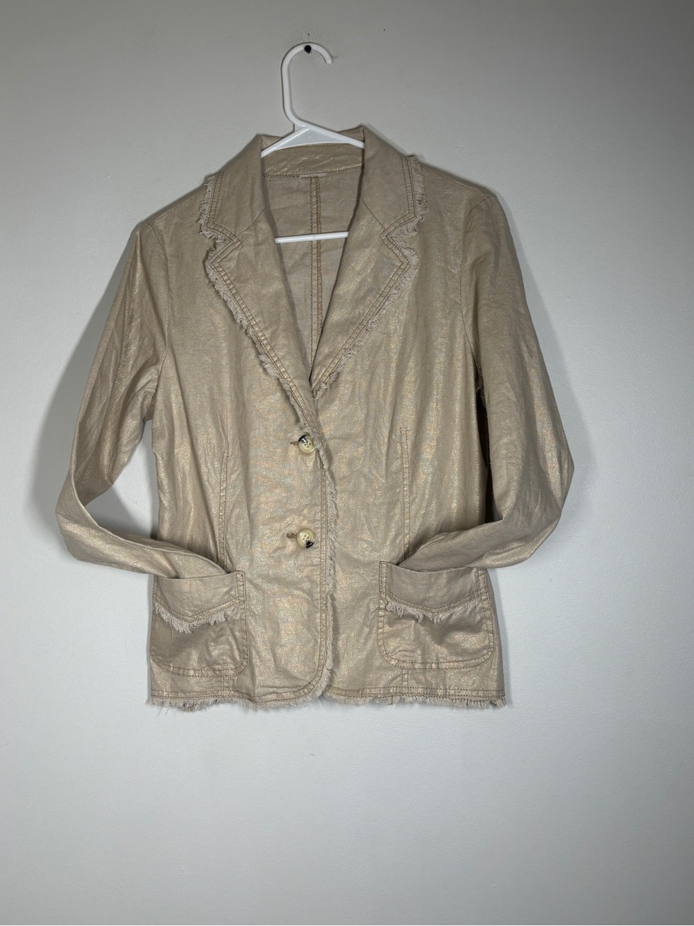 Avon Metallic Gold Shimmer Fringe Linen-Blend Blazer Jacket Beige Medium M